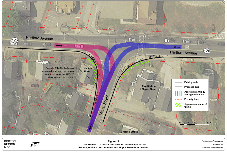 FIGURE 11. Alternative 1: Truck Paths Turning Onto Maple Street
Figure 11 shows how Alternative 1 accommodates the turning movements of a WB-20 semitrailer.
